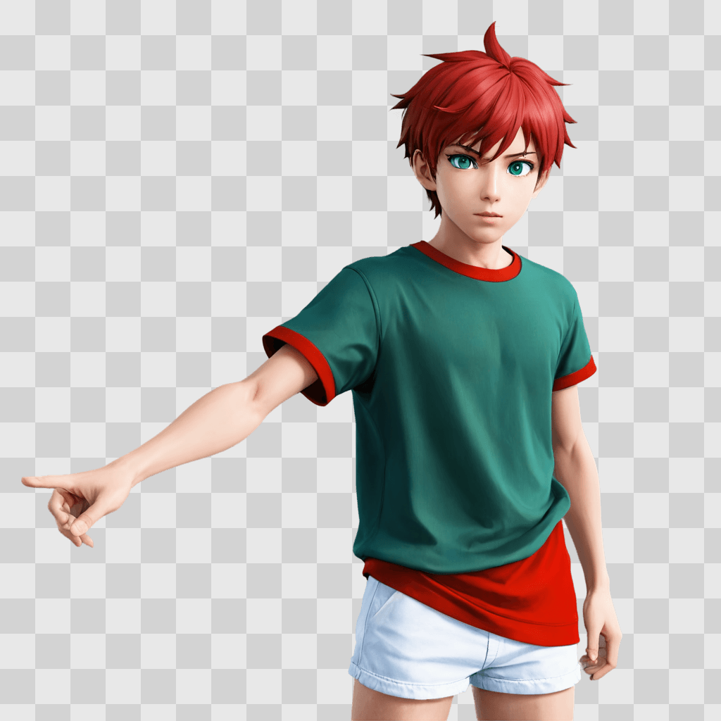 green hair anime boy A boy points with his arm in a 3D rendering