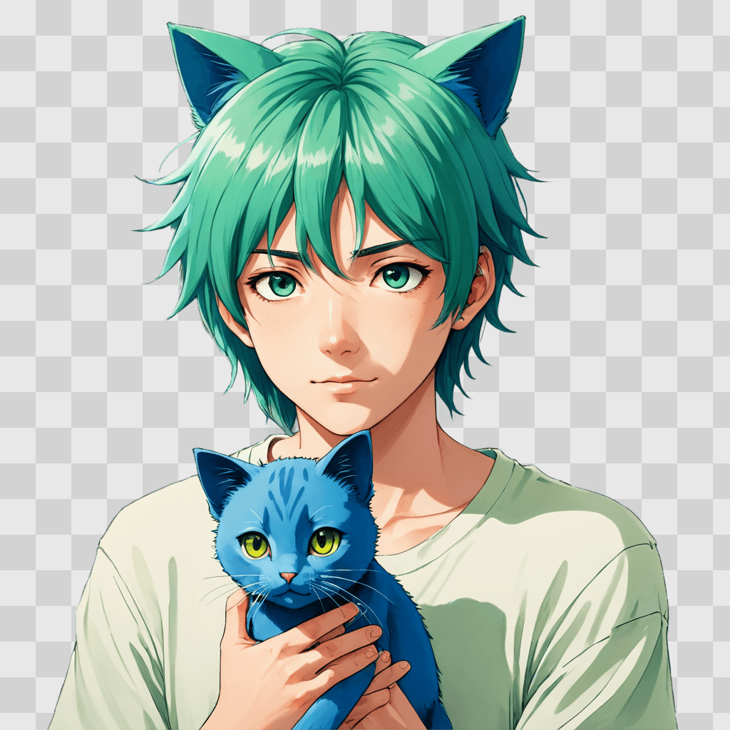 green hair anime boy A boy with cat ears and cat eyes holds a blue cat