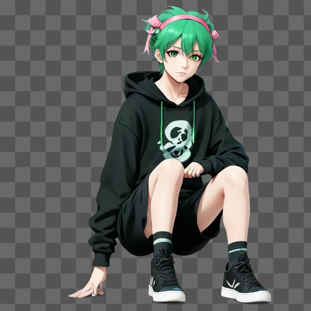 green hair anime boy A green girl with a skull on her hoodie sits on the ground