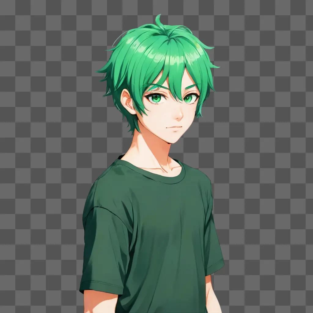 green hair anime boy A green-haired boy with a green shirt and a dark green background