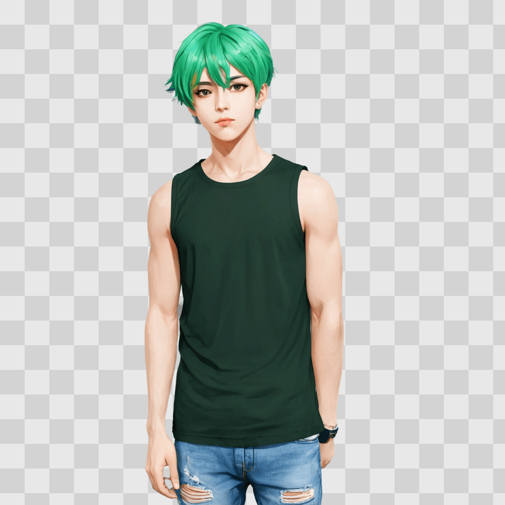 green hair anime boy A man with a green wig and ripped jeans