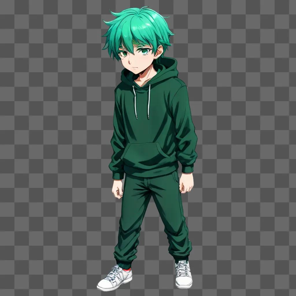 green hair anime boy A young man in green clothing and sneakers