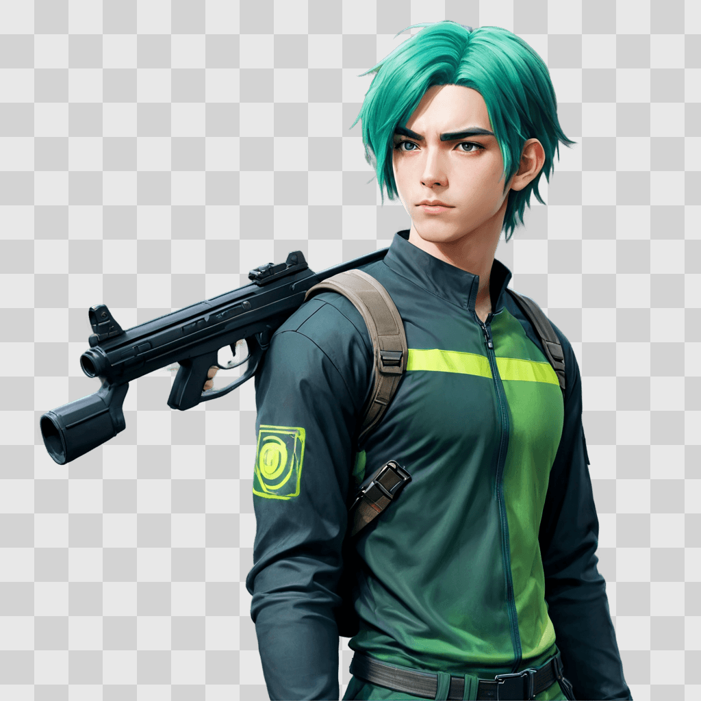 green hair anime boy A young man with green hair holds a gun