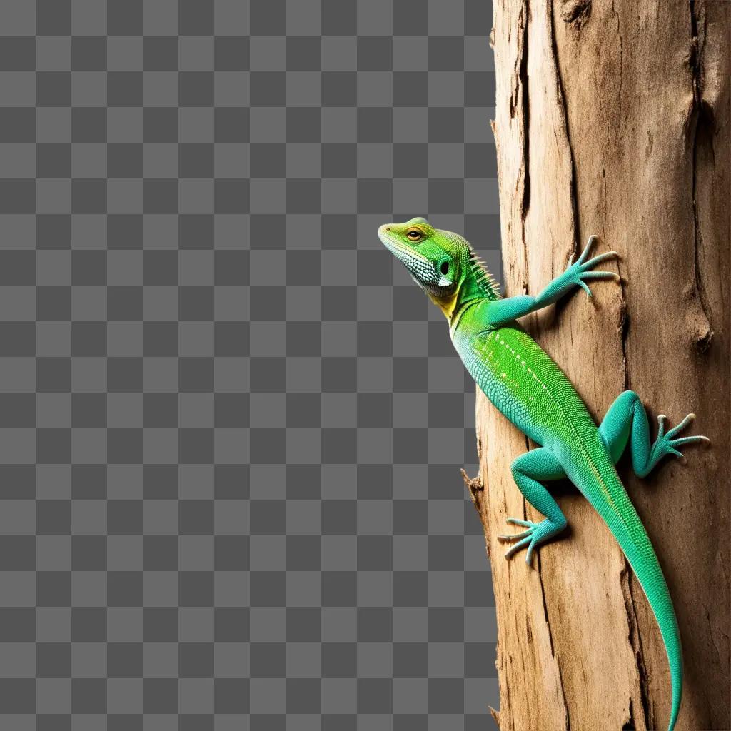 green lizard climbs a tree trunk