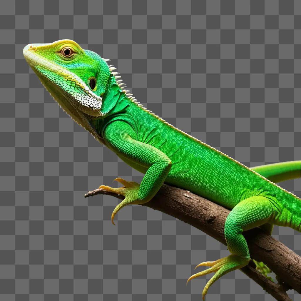 green lizard on a branch against a green background