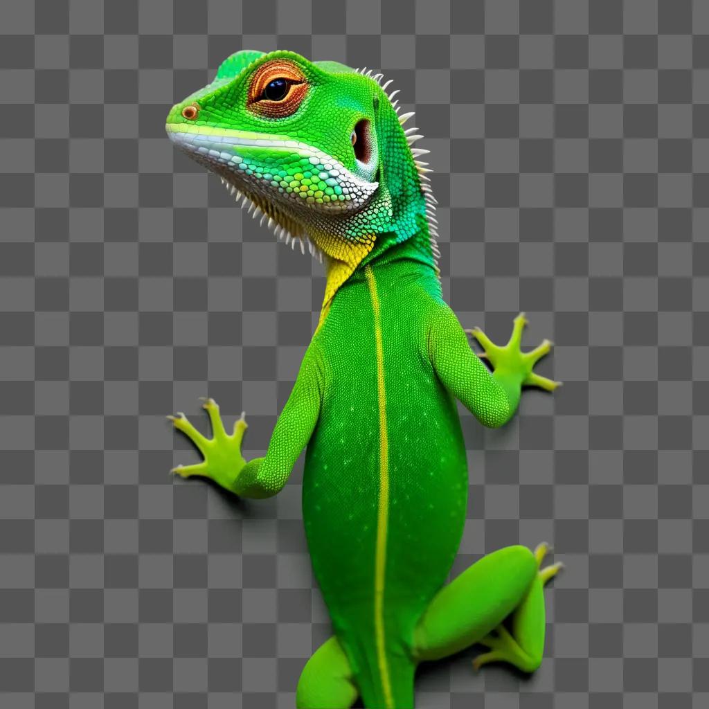 green lizard stands on a green background