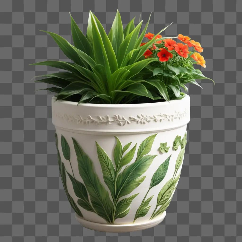 green planter pot holds red flowers