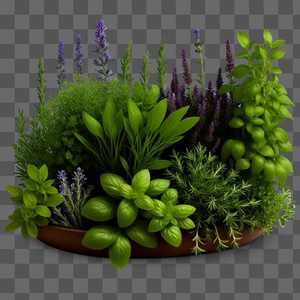 green pot holds herbs, including basil and lavender