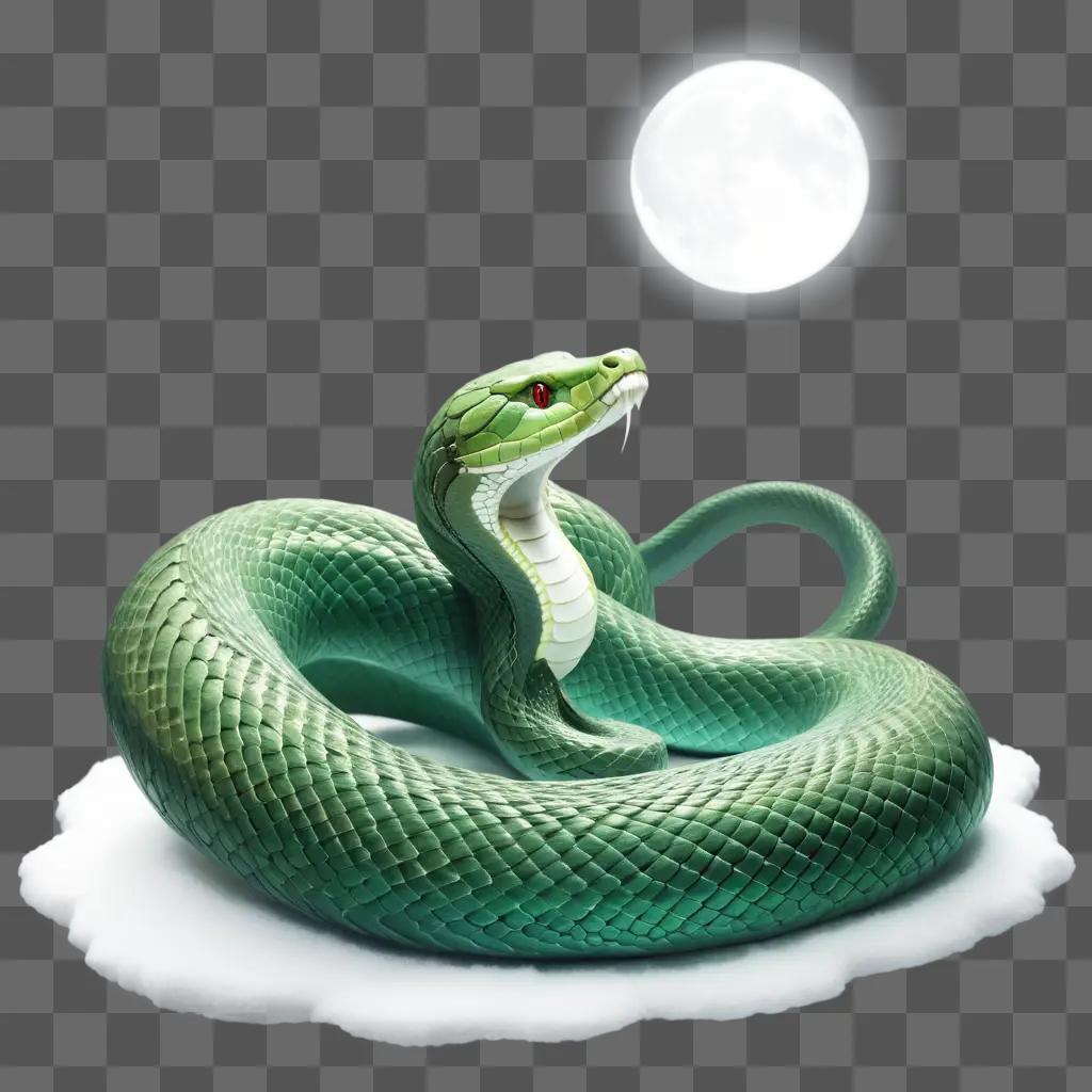 green serpent lies on its side with a moon in the background