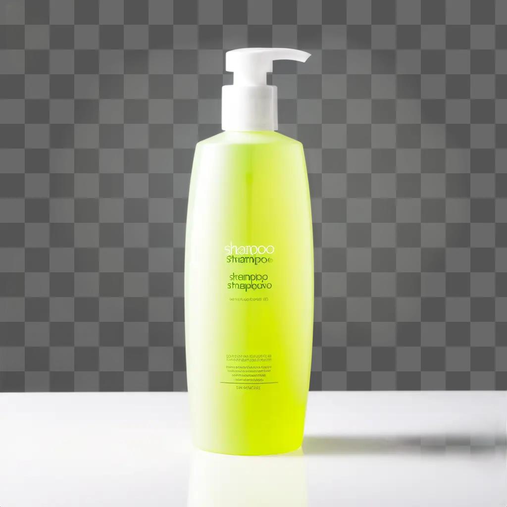 green shampoo bottle sits on a blurred background