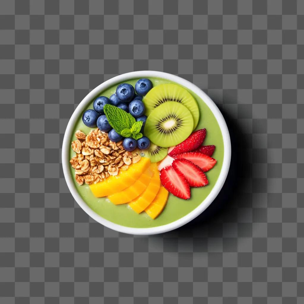 green smoothie bowl topped with fruits and nuts