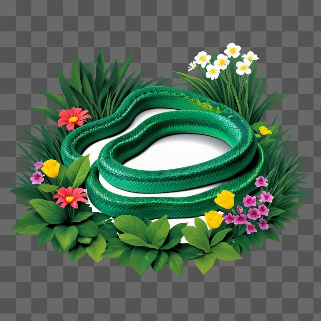 green snake sits around flowers in a circle