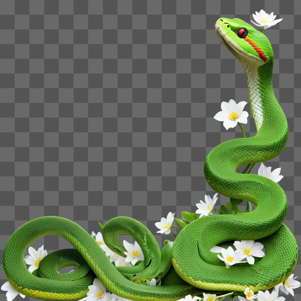 green snake with white flowers on a green background