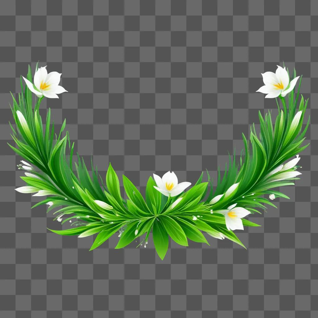 green wreath with white flowers and leaves