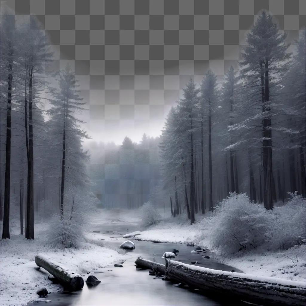 川と雪のある灰色の森