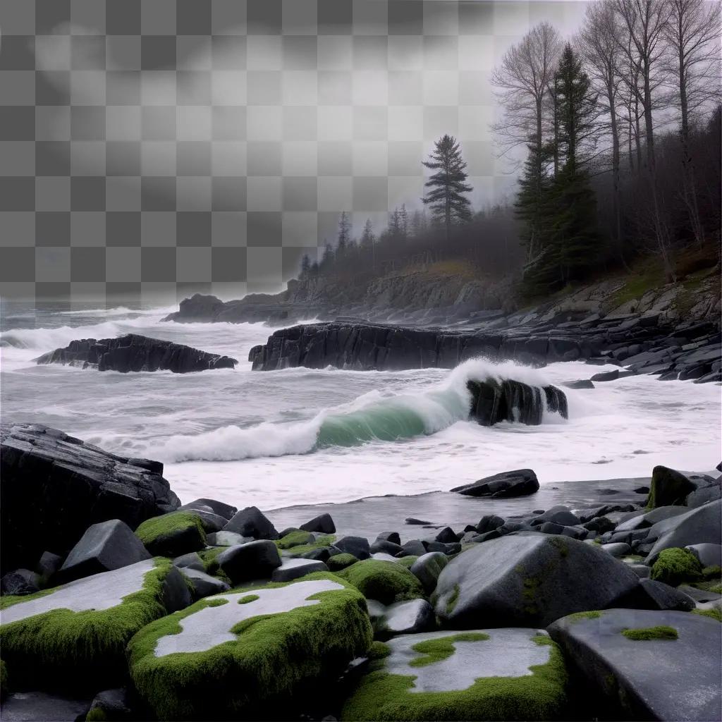 grey rocky beach with green moss and sea foam