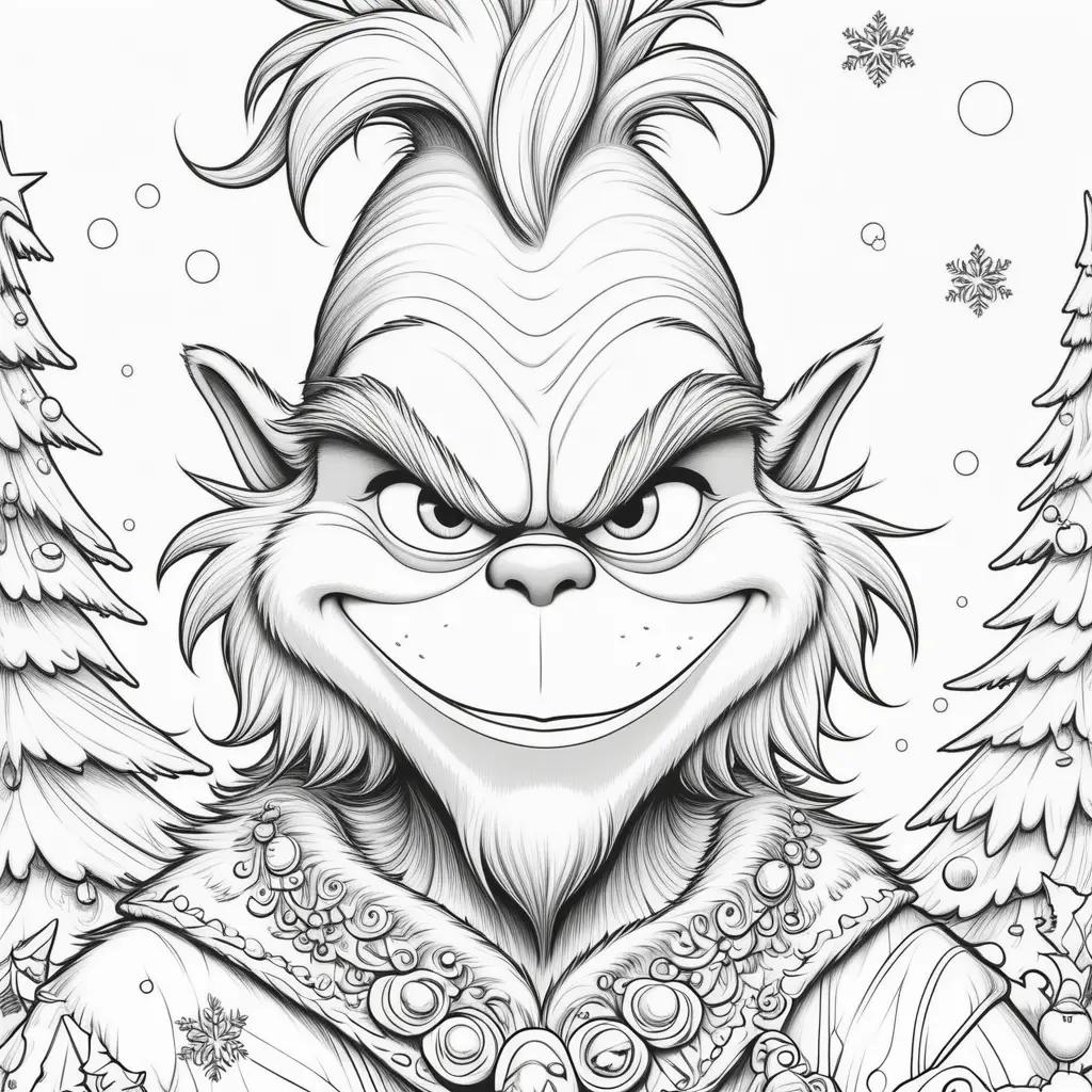 grinch coloring page with Christmas trees and snow