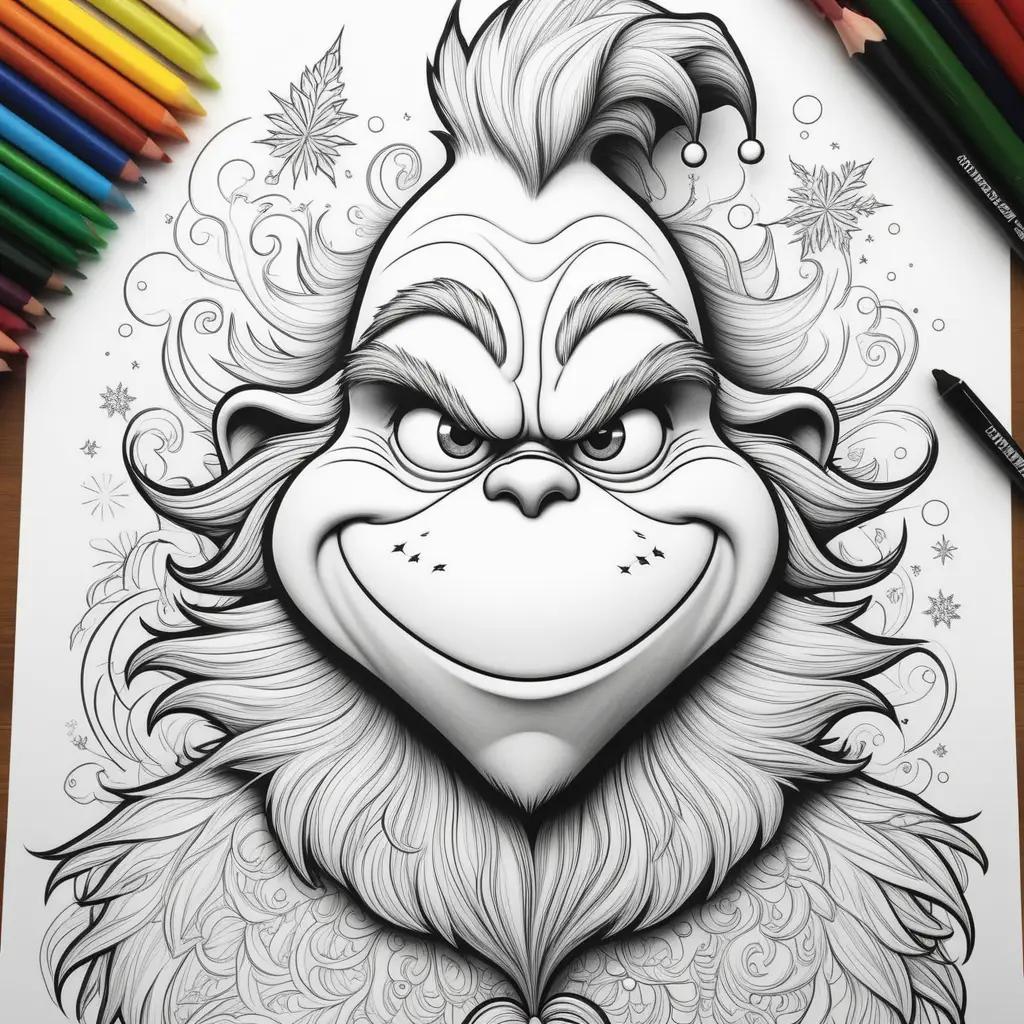 grinch coloring page with a black and white grinch face