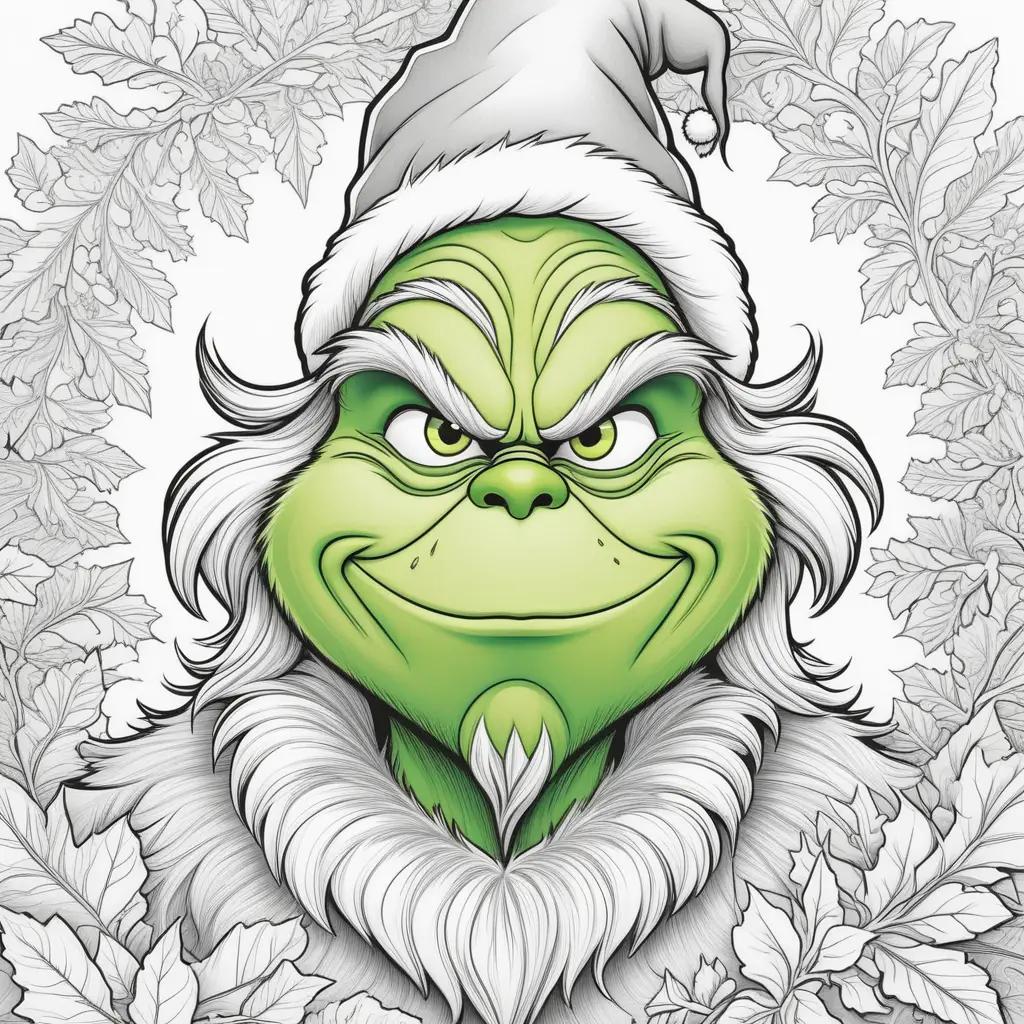 grinch coloring page with leaves around him