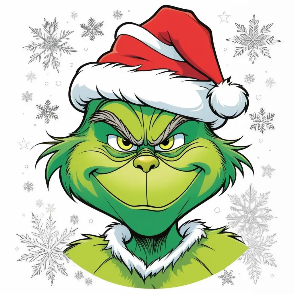 grinch wearing a Santa hat and snowflakes