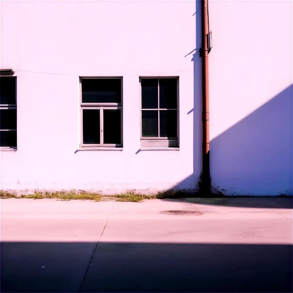 gritty building with a large window and a drain