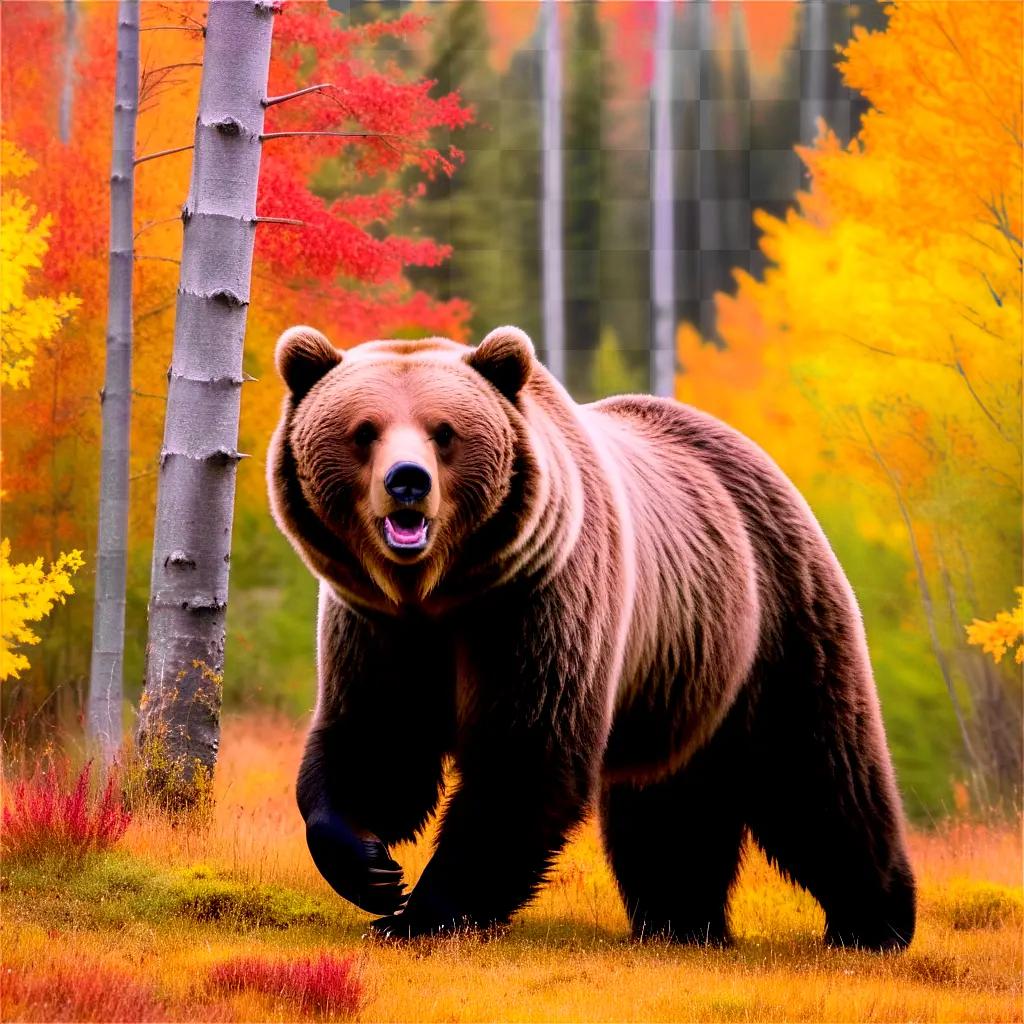 grizzly bear walking through a forest