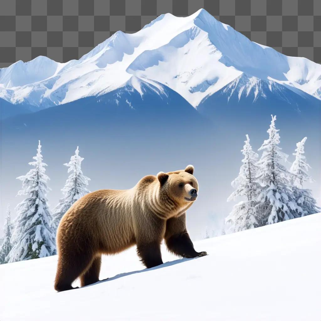 grizzly bear walks on a snowy mountain slope