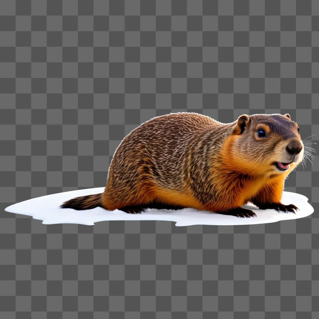 groundhog with its mouth open and legs raised, in a light blue background