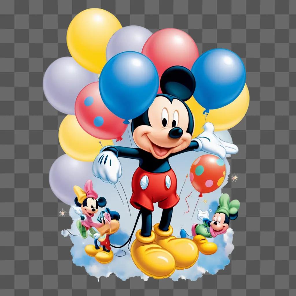 group of Mickey Mouse balloons in the air