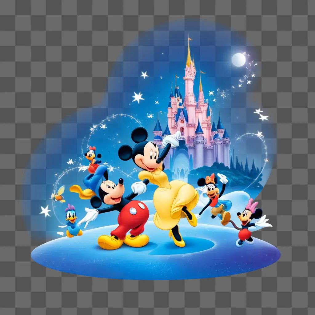 お城の前で踊るミッキーマウスのキャラクターたち