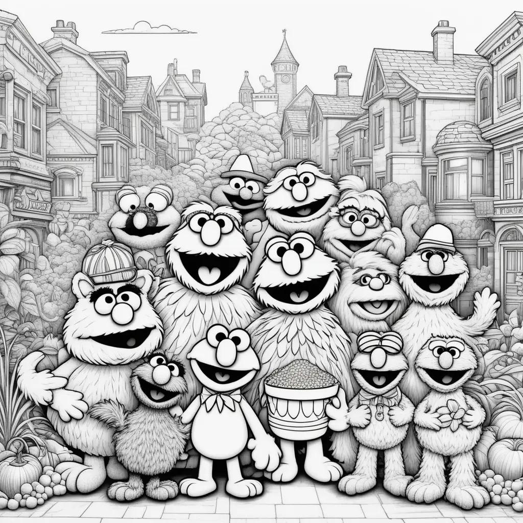 group of Sesame Street characters in a black and white drawing