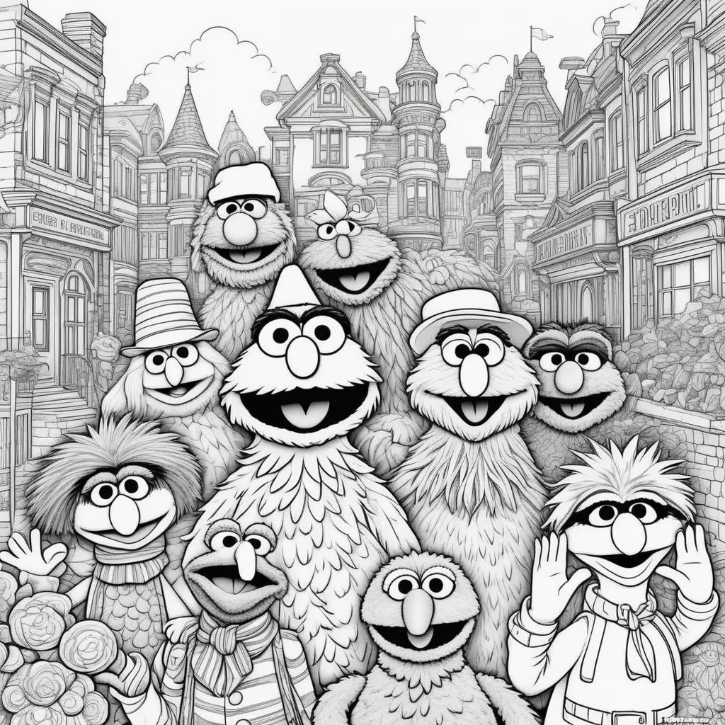 group of Sesame Street characters in black and white coloring pages