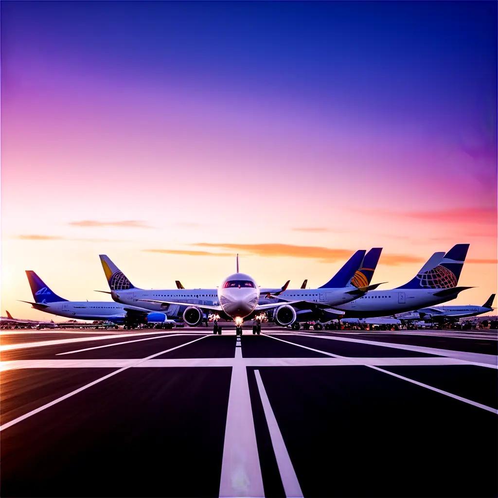 group of airplanes on a runway at sunset