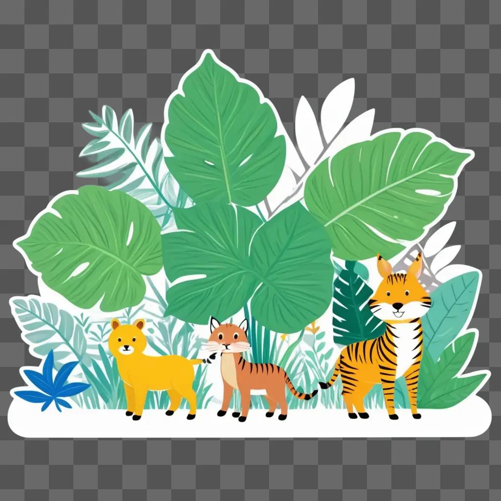 group of animals stand in front of a plant drawing for kids