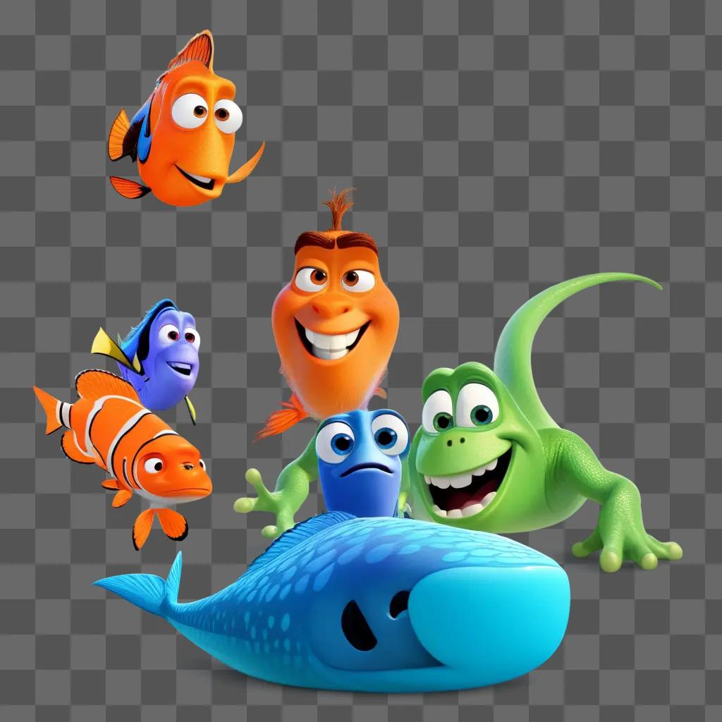 group of animated fish and sea creatures