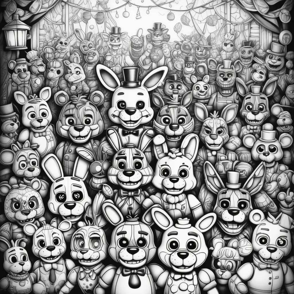 group of black and white fnaf color pages