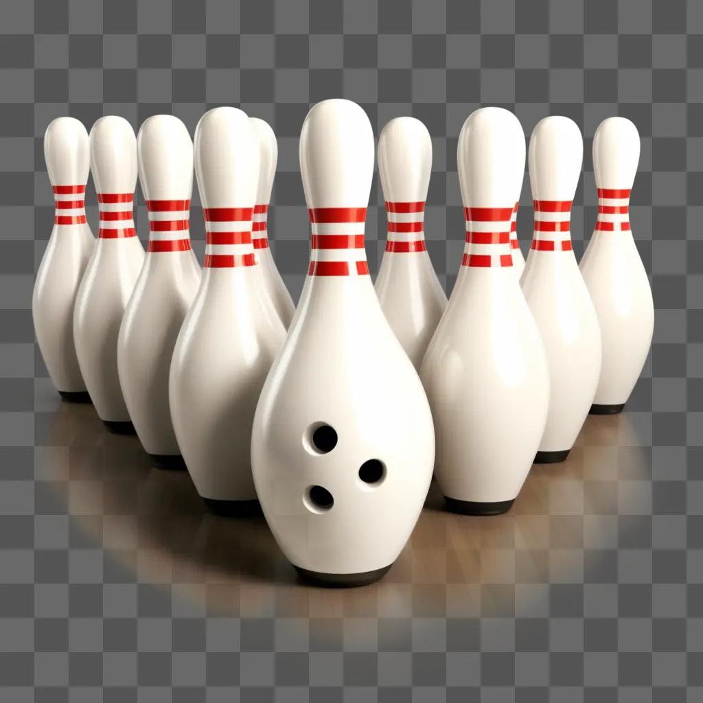 group of bowling pins with red stripes