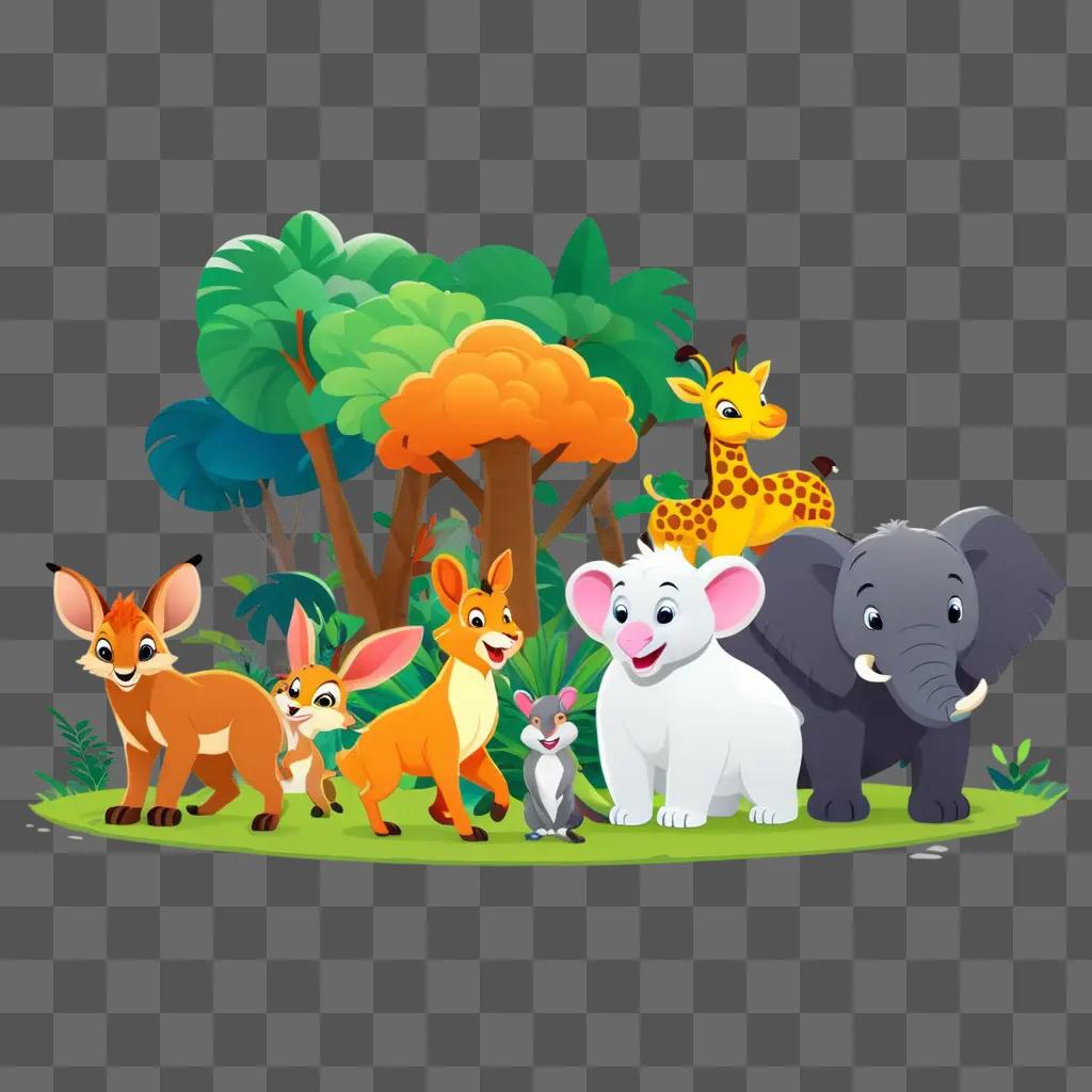 緑の野原の上の漫画の動物のグループ