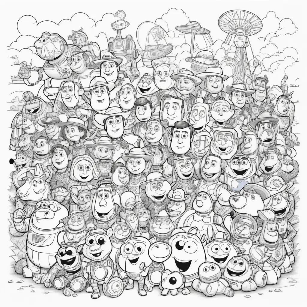 group of cartoon characters on a coloring page