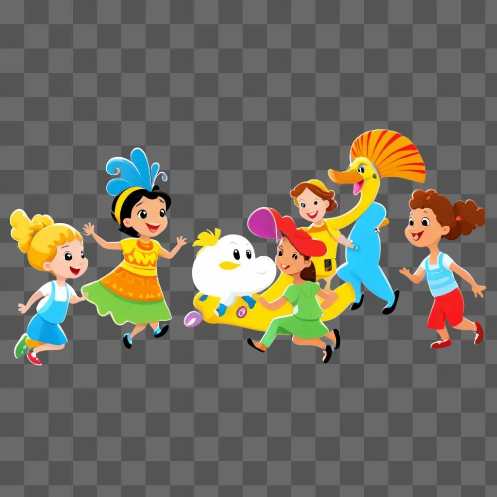 group of cartoon characters running on a screen