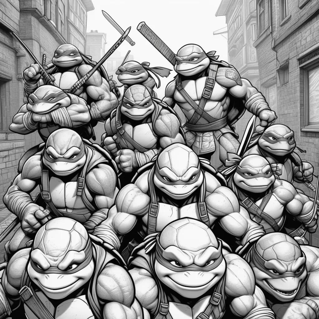 武器を持つ漫画の忍者タートルのグループ