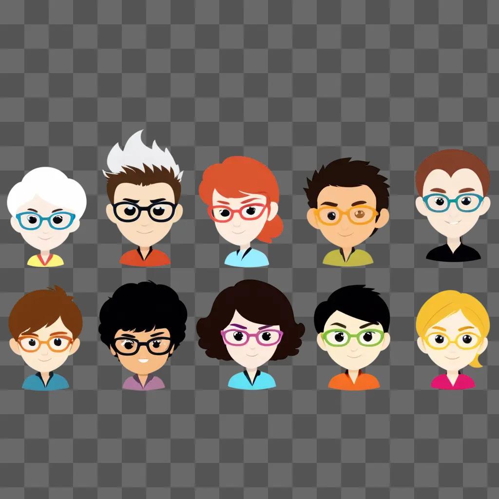 group of cartoon people with glasses