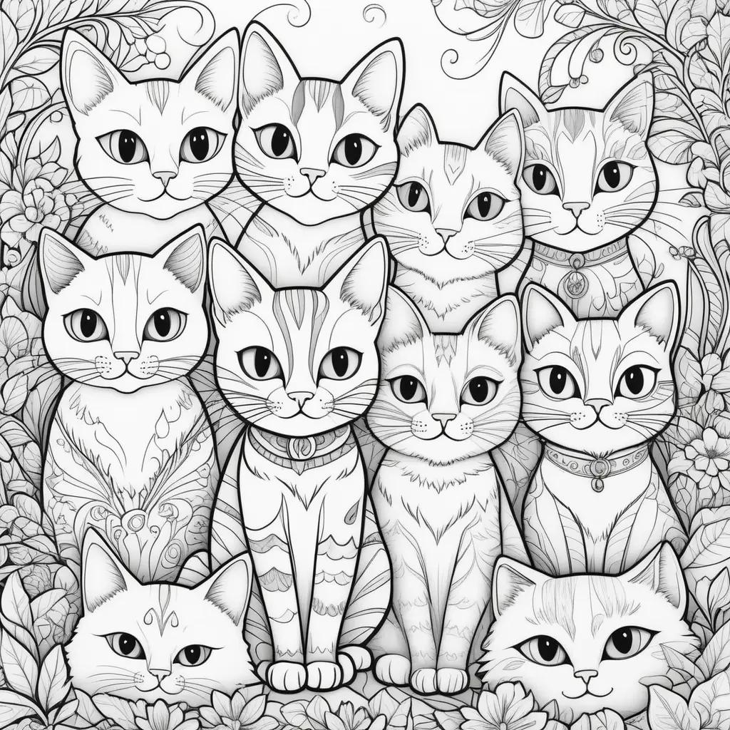 group of cats coloring page with a variety of designs