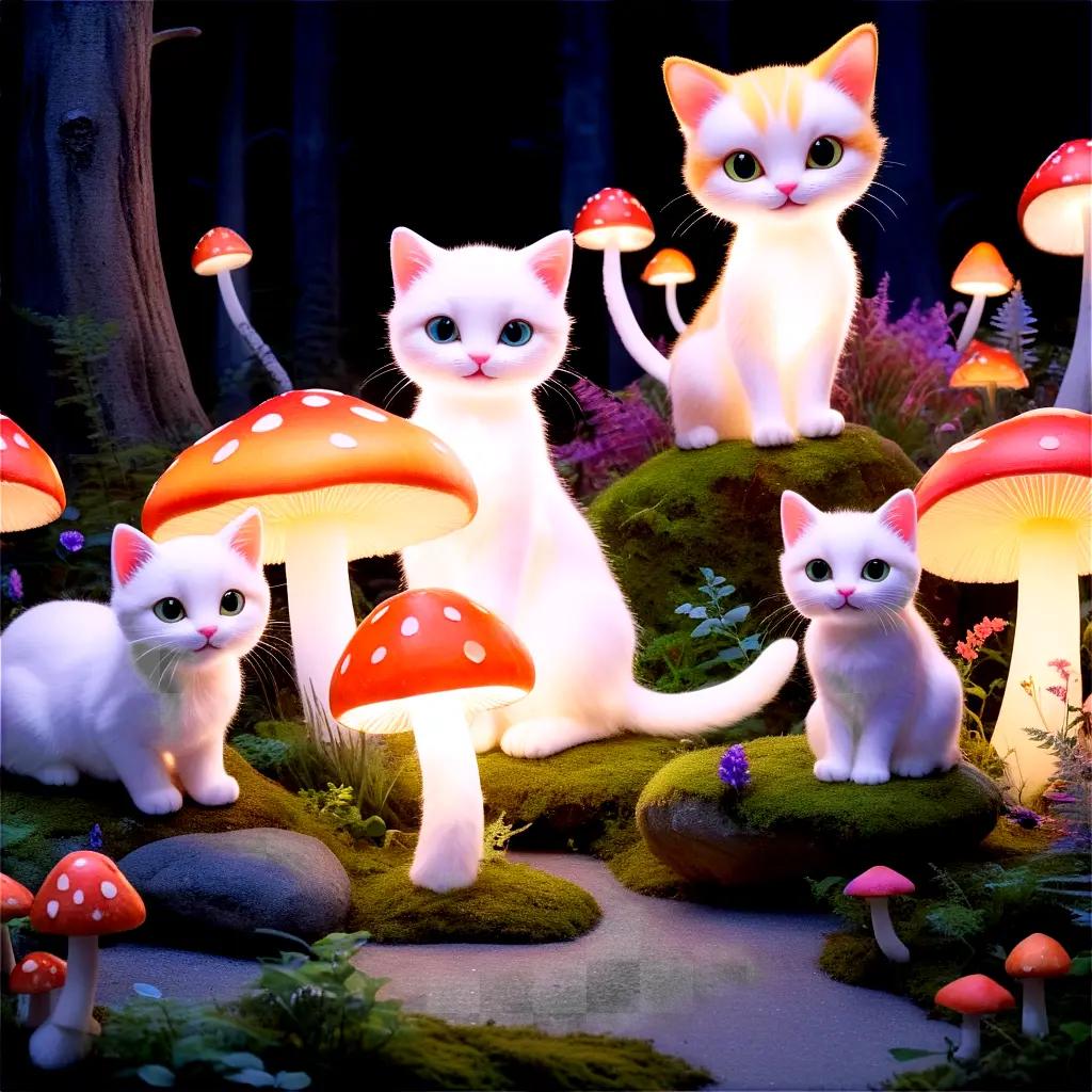 group of cats sit in a forested setting