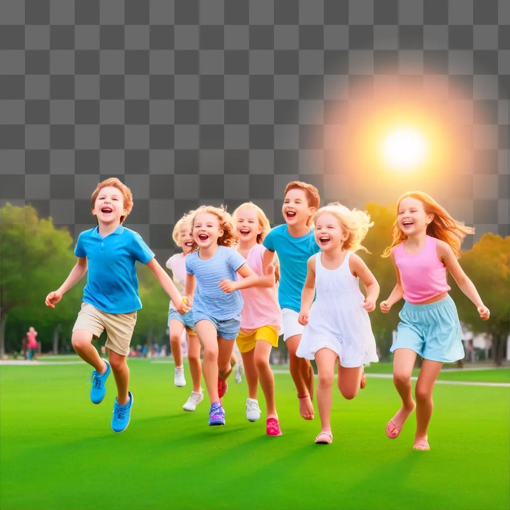 group of children running on a green field with a joyful expression