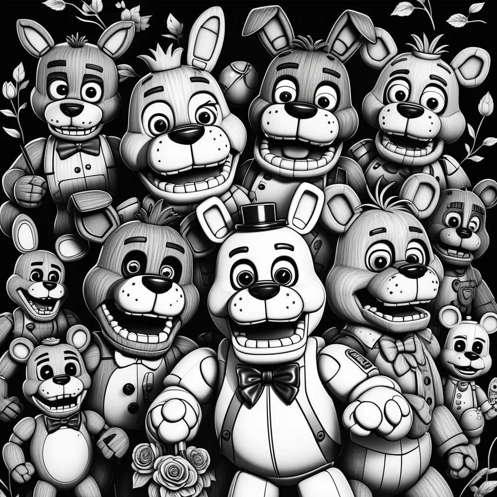 group of coloring pages featuring Five Nights at Freddys characters