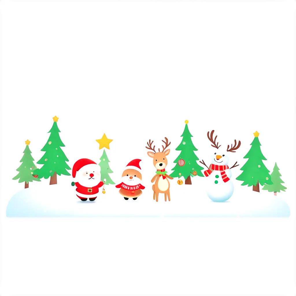 group of cute Christmas characters standing in the snow