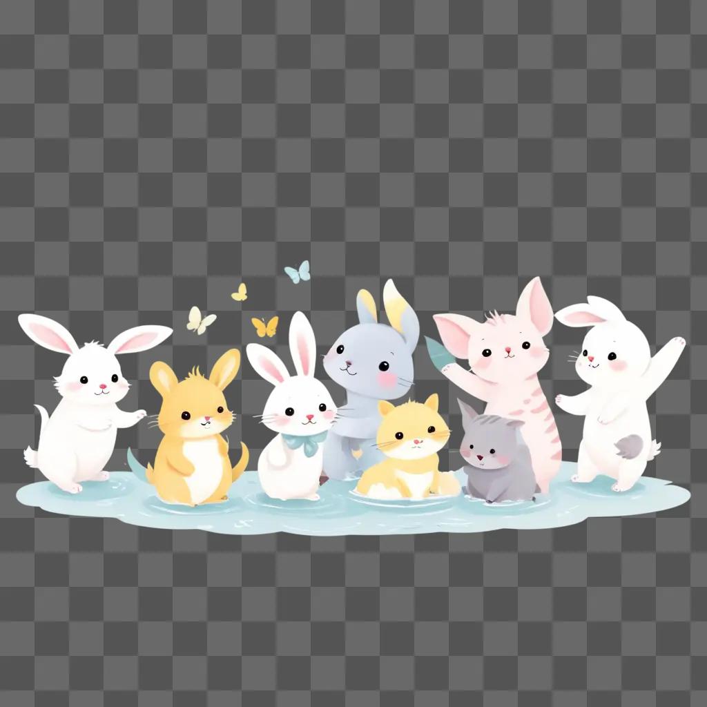 group of cute animals on a watery background