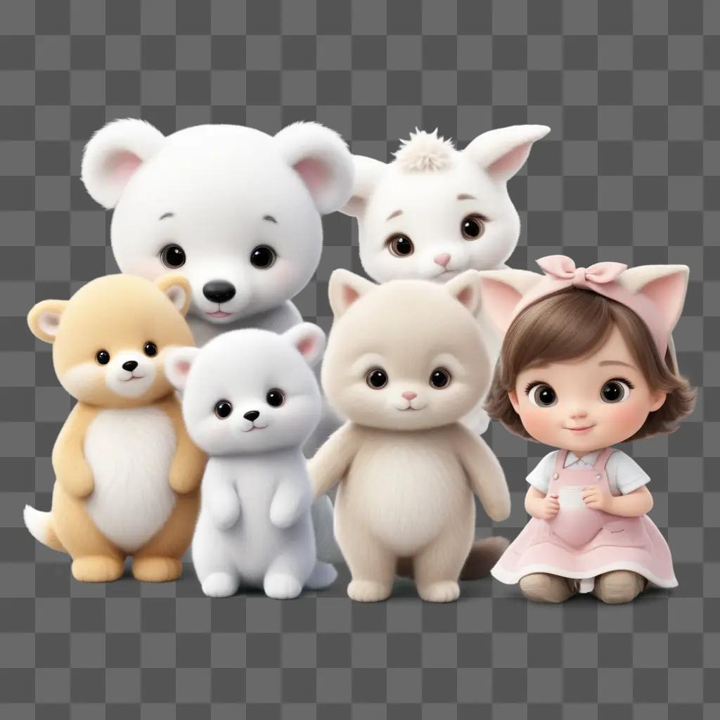 group of cute stuffed animals with a girl in the center