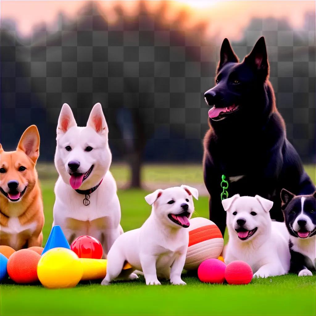 group of dogs play with balls and toys